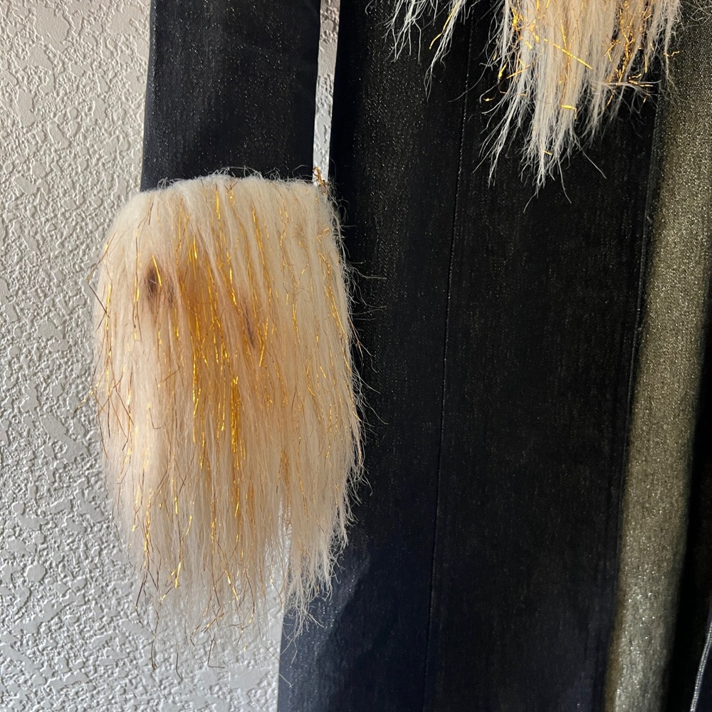 RARE Vintage Blanc Noir Boho Trench Coat Faux Fur Gold Tinsel Trim Size M - Picture 4 of 10